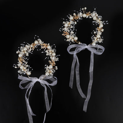 Semato 2 Pcs Flower Girl Headpiece for First Communion Headpiece Princess Tiara Crown with Rhinestone and Pearl Headband Floral Wedding Prom for Girls and Women (Gold)