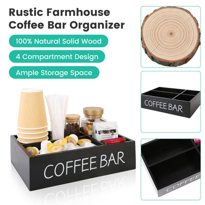 SLLPL Coffee Bar Organizer – Wooden Coffee Station with 4 Compartments, Removable Dividers, and Condiment Storage for Home & Office