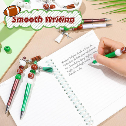 NEWEST 12 Pieces Sports Beadable Pens Plastic Football Bead Pens Included 48 Beads 12 Tassels 12 Pendants Football Beads Pen DIY Making Kit Beadable Ballpoint Pen for Gifts School Office Supplies