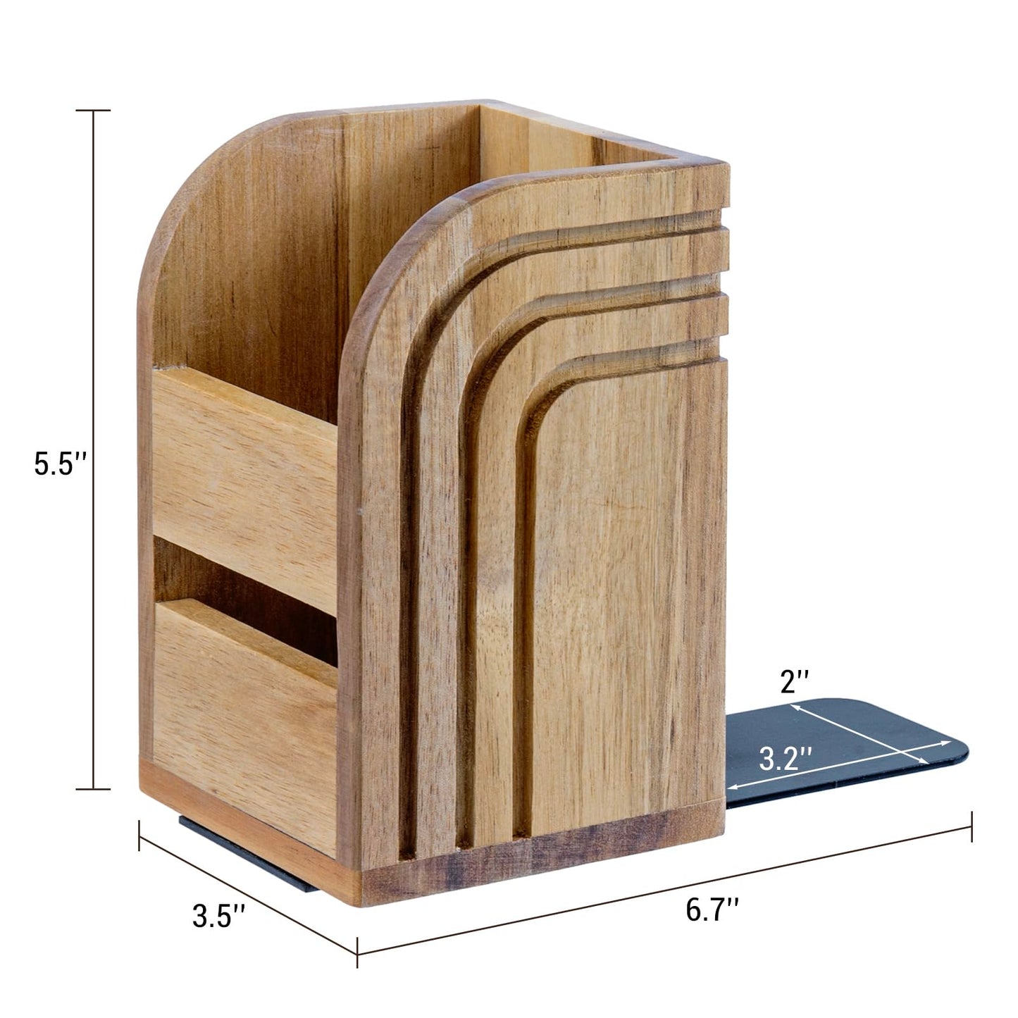 MyGift Premium Acacia Solid Wood Bookends and Pencil Holders with Modern Etched Arch Design, Office Desk Book Ends with Natural Wooden Art Deco Pen Cups, 1 Pair
