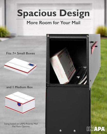Ilyapa Modern Angle Design Post Mount Modern Mailbox - Black Exterior Powder Coated Steel, All Weather & Corrosion Resistant, Stainless Steel Hinges
