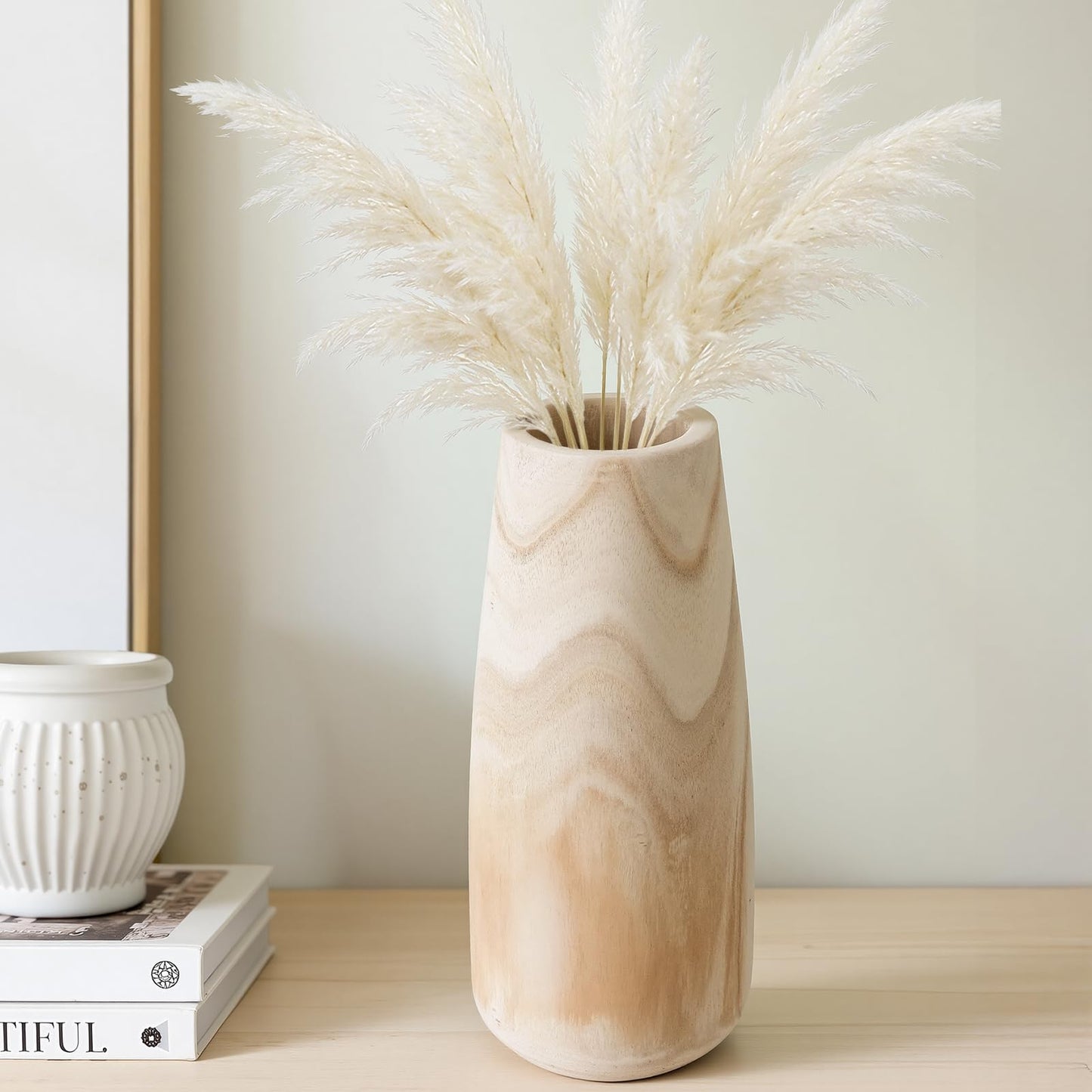Natural Wood Vase for Dried Flowers – 12 Inch Decorative Table Vase