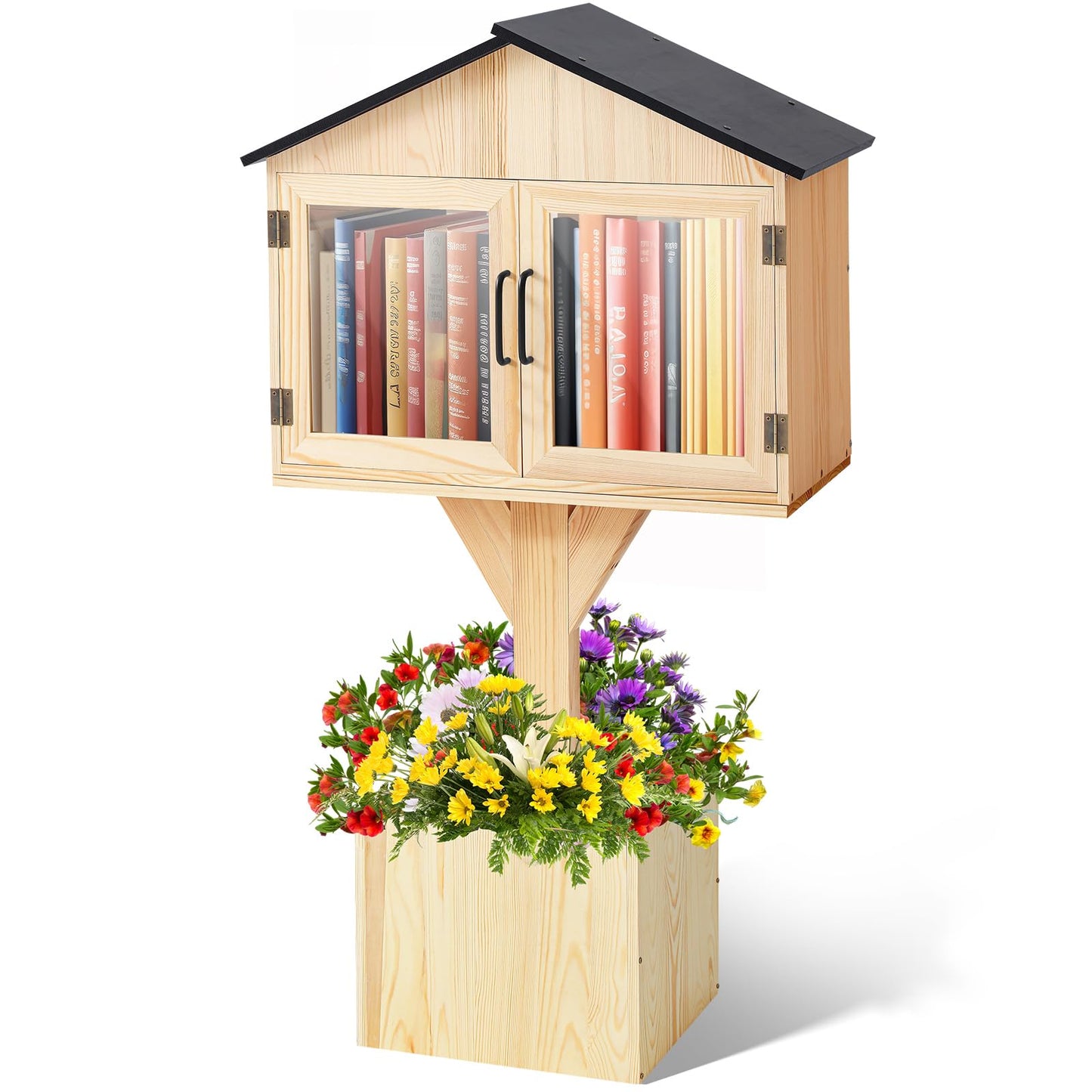 Wonderjune Little Library Box Outdoor Free Library Kit -Durable Weatherproof Solid Wood Book Exchange Box with Floor Plugs and Small Flower Fence for Neighborhoods, Community, Literature, Newspapers