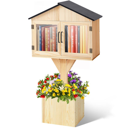 Wonderjune Little Library Box Outdoor Free Library Kit -Durable Weatherproof Solid Wood Book Exchange Box with Floor Plugs and Small Flower Fence for Neighborhoods, Community, Literature, Newspapers