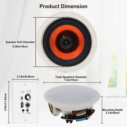 Herdio 6.5'' Bluetooth in Wall in Ceiling Speakers 600W 2-Way Flush Mount Speakers System with Wall Amplifier Receiver for Home Theater Office (2Pairs, Paintable-Grille)