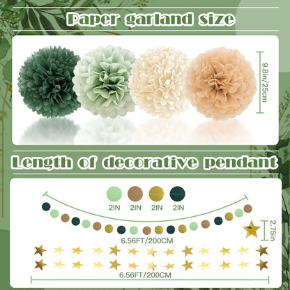 Boho Paper Decorations Set, Sage Green Party Decorations Set, Boho Neutral Baby Shower Decor, Paper Pom Poms Lanterns Honeycomb Balls Hanging Star Garland for Birthday Baby Shower Wedding Tea Party