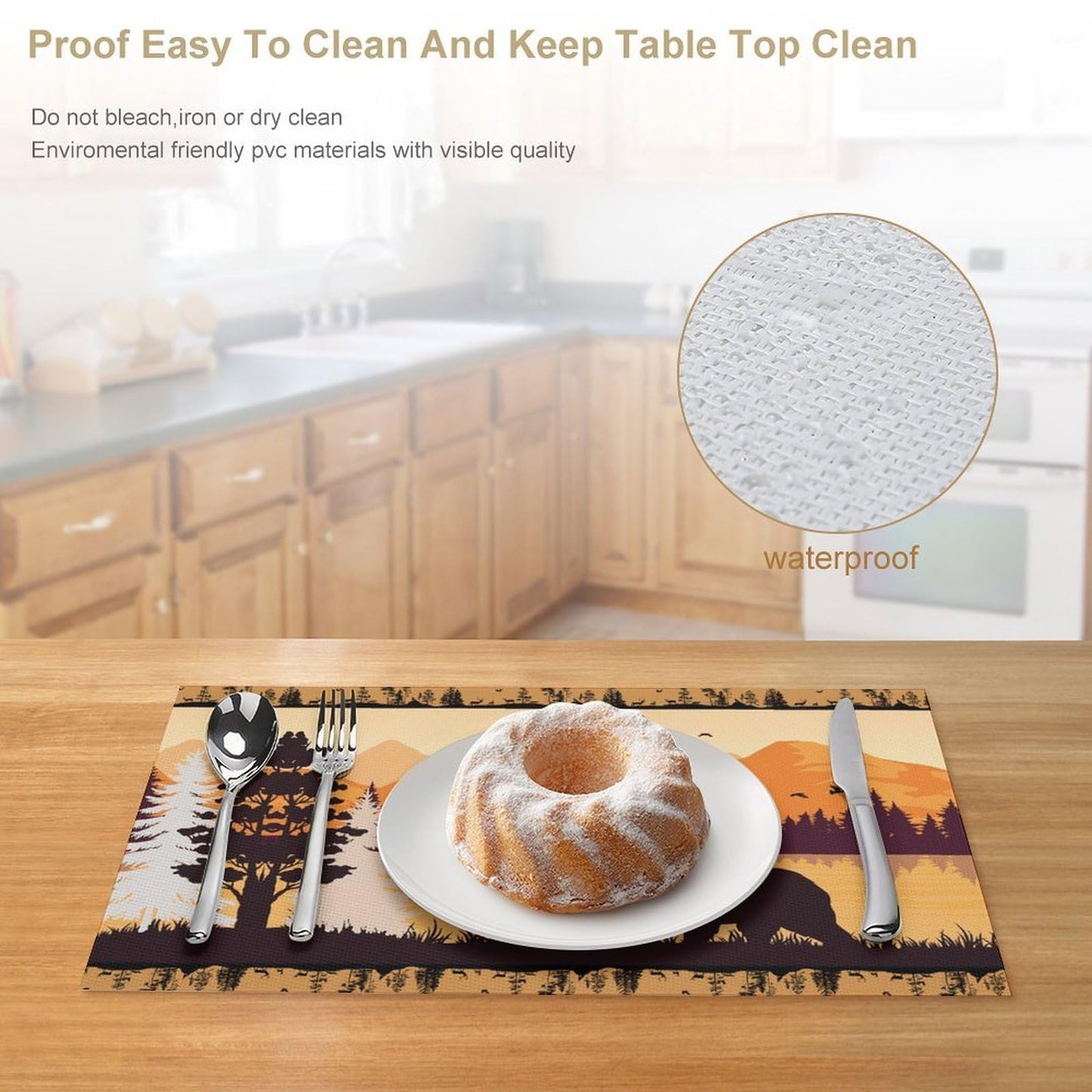 Forest Animal Cabin Placemats Set of 4, 12x18 Inch Country Bear Sunset Rustic Wooden Farmhouse Style Pine Tree Nature Printed Fall Holiday Coffee Table Mats for Party Kitchen Dining Decoration