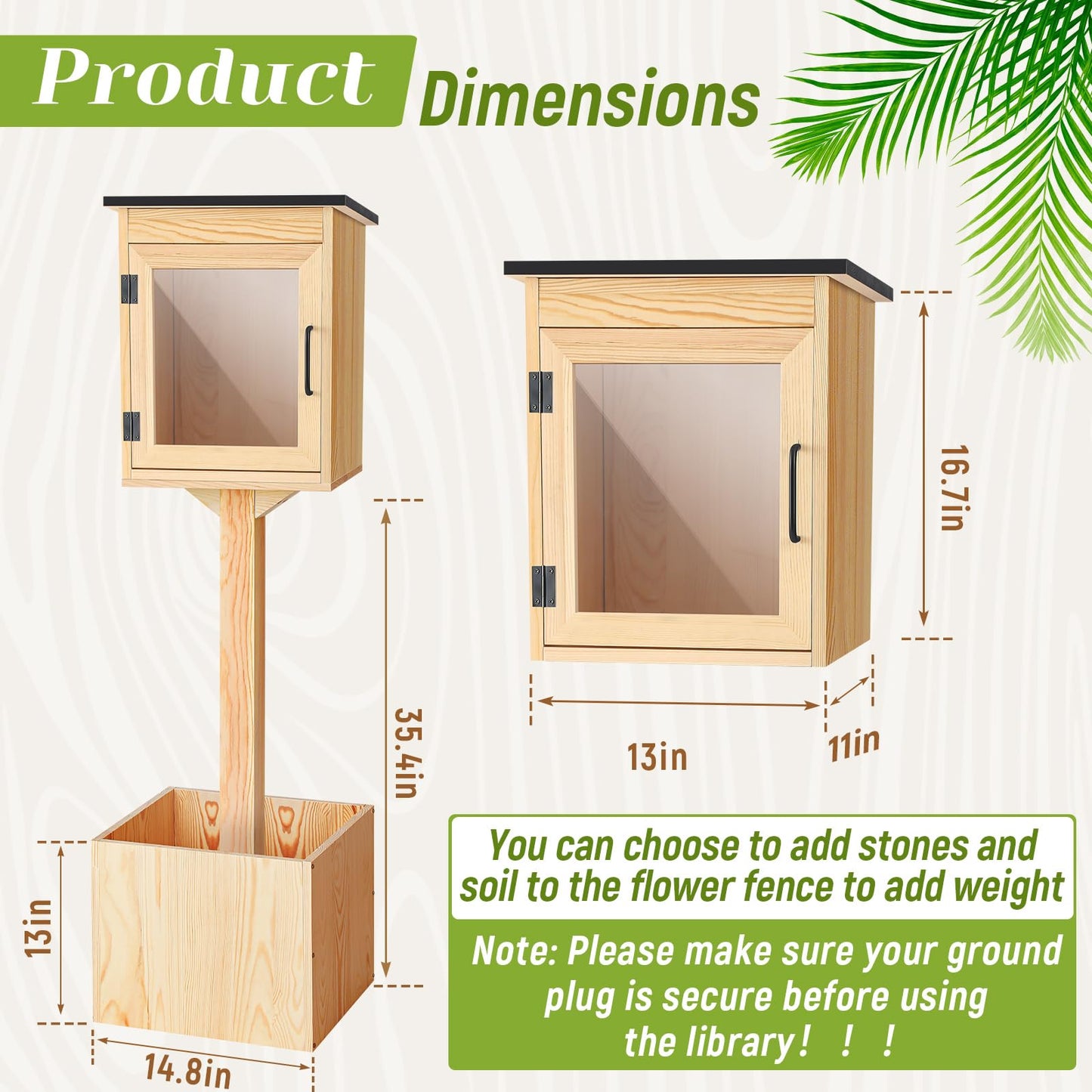 Wanderjune Outdoor Little Library Kit, Weatherproof Solid Wood Book Exchange Box with Floor Plugs & Small Flower Fence for Neighborhood, Community, Library & School(Natural Wood)