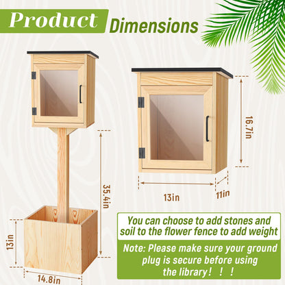 Wanderjune Outdoor Little Library Kit, Weatherproof Solid Wood Book Exchange Box with Floor Plugs & Small Flower Fence for Neighborhood, Community, Library & School(Natural Wood)