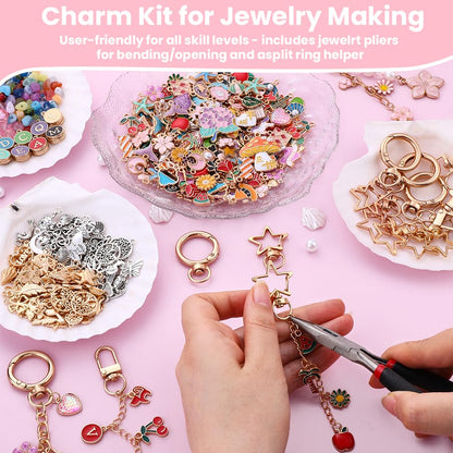 JOICEE 585Pcs Charms lip Gloss Keychain Making Kit, DIY Jewelry Crafts Making Kit with 192 Enamel Pendants 30 KeyChain Hooks 30 Chains and 333 Accessories Tools for Girls Adults Birthday Holiday Gifts