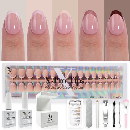 SXC Cosmetics French Tip Press On Nails - Skin Tone Nude and Color Series, Short Coffin X-Pro Tips Starter Kit ST119KIT