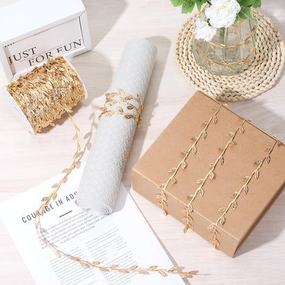 CABODYALS 100 Yards Gold Leaves Trim Rope Ribbon Artificial Metallic Glitter Golden Leaf String Vine Spool Decorative Garland Fabric Ribbons Bulk for Sewing Making Gift Wrapping Wreaths Wedding Crafts