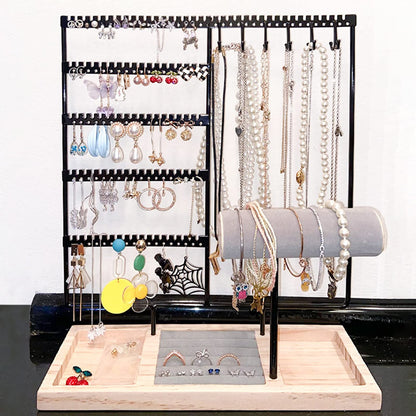 HINIHAO Earring Holder,5-Tier Ear Stud Holder with Wooden Tray, Jewelry Tower Rack with 108 Holes, 12 Hooks Necklaces Hanging, for Bracelets Earrings Rings Watches (Black)