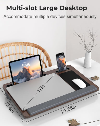 Potuopy Lap Desk - Up to 17” Laptop Tray with Wrist Rest, Portable Handle, Fixed Mouse Pad, Tablet & Phone Slots, Laptop Lap Desk with Cushion (Dark Brown)