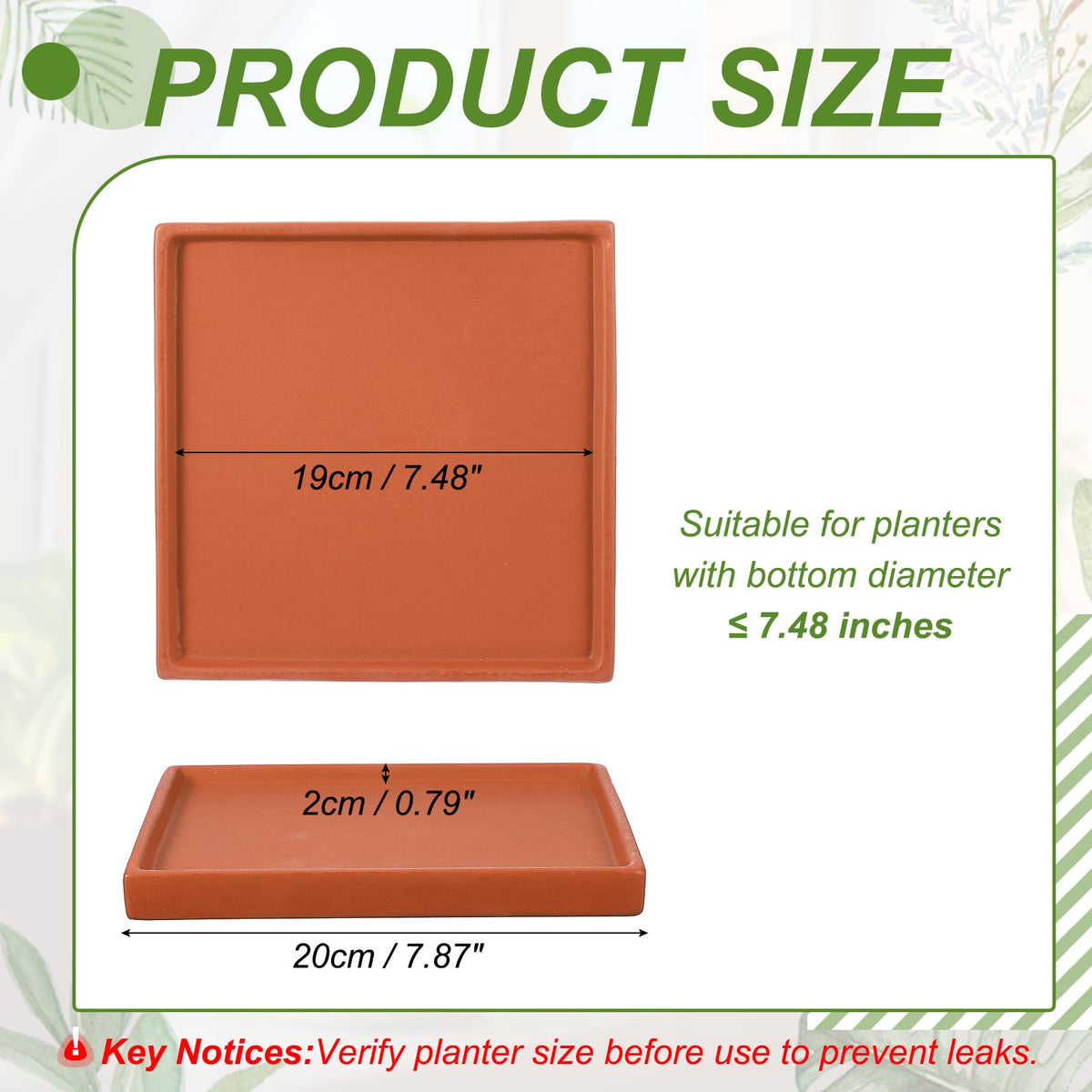 YELARXI 7.5 Inch Ceramic Plant Saucers, Square Flower Planter Water Trays Ceramic Plant Saucer Pot Tray -Fitting for (Outdoor/Indoors/Garden/Planting/Water/Flower/Coffee) Dark Orange