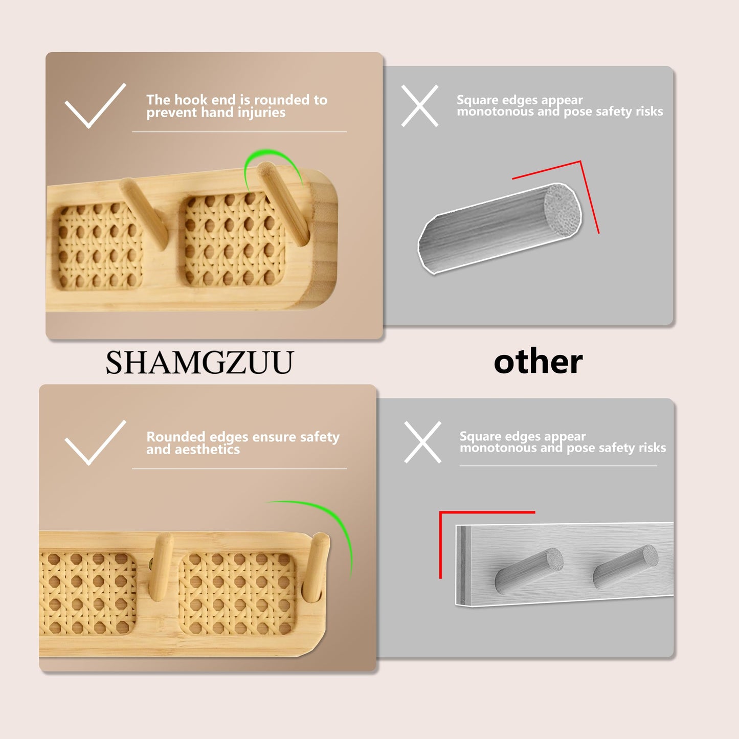 Shamgzuu Coat Rack Wall Mount, Rattan Coat Hooks Hanger Wall Mounted, 6 Heavy Duty Bamboo Hooks Rack Rail for Hanging Clothes Hats Bags Jacket Towels Plants, White (White)