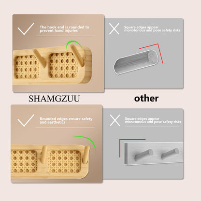 Shamgzuu Coat Rack Wall Mount, Rattan Coat Hooks Hanger Wall Mounted, 6 Heavy Duty Bamboo Hooks Rack Rail for Hanging Clothes Hats Bags Jacket Towels Plants, White (White)