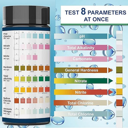 Aquarium Ammonia Test Strips, 8-Way Aquarium Test Kit for Freshwater Saltwater,50 Strips Fish Tank Pond Test Strips,Test Nitrate, Nitrite, Chlorine,Hardness,Alkalinity, Carbonate, Ph