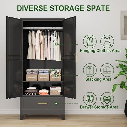 winiowa Metal Armoire Wardrobe Closet with Drawer, 71" Wardrobe Cabinet with Adjustable Shelves and Hanging Rod, Clothing Storage Cabinet Closet with Mirror for Bedroom-Black