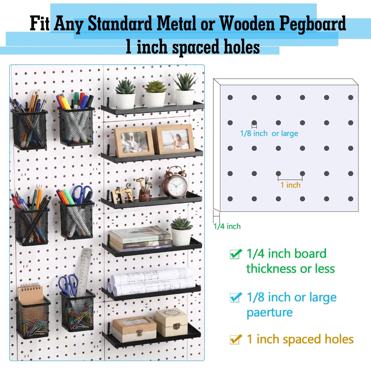 Tosstuki 12 Pack Pegboard Organizer Accessories - 6 Pegboard Pencil Cups Holder Peg Board - 6 Shelves Metal Shelf Brackets - Tools Storage Arrange System Kit for Office Garage Room