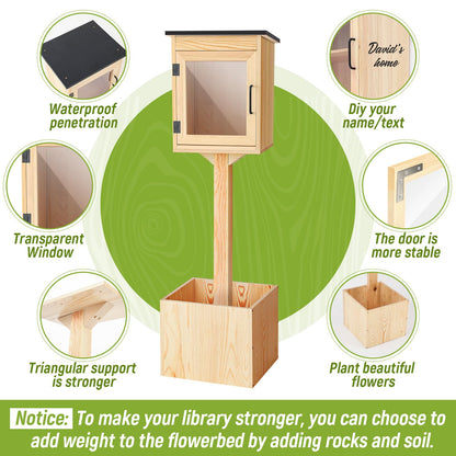 Wanderjune Outdoor Little Library Kit, Weatherproof Solid Wood Book Exchange Box with Floor Plugs & Small Flower Fence for Neighborhood, Community, Library & School(Natural Wood)