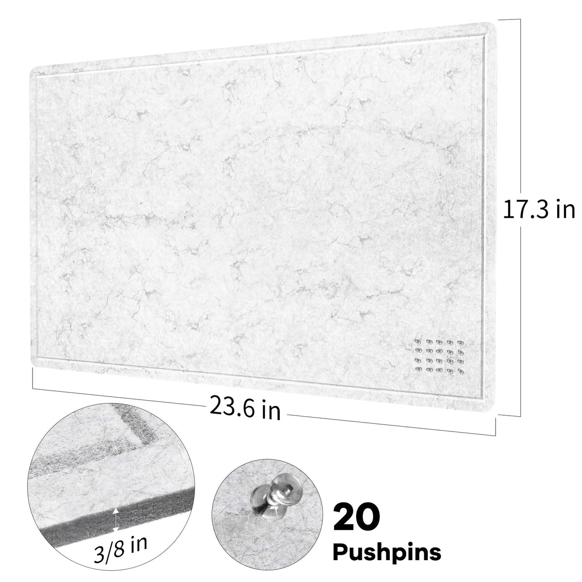 Lightomorrow Bulletin Board, 24 x 18 inches Felt Board Decorative Pin Board, Cork Board Alternative for Wall, Foldable Photo Board Self-Adhesive Vision Board Mood Board with 20 Pushpins - Marble White