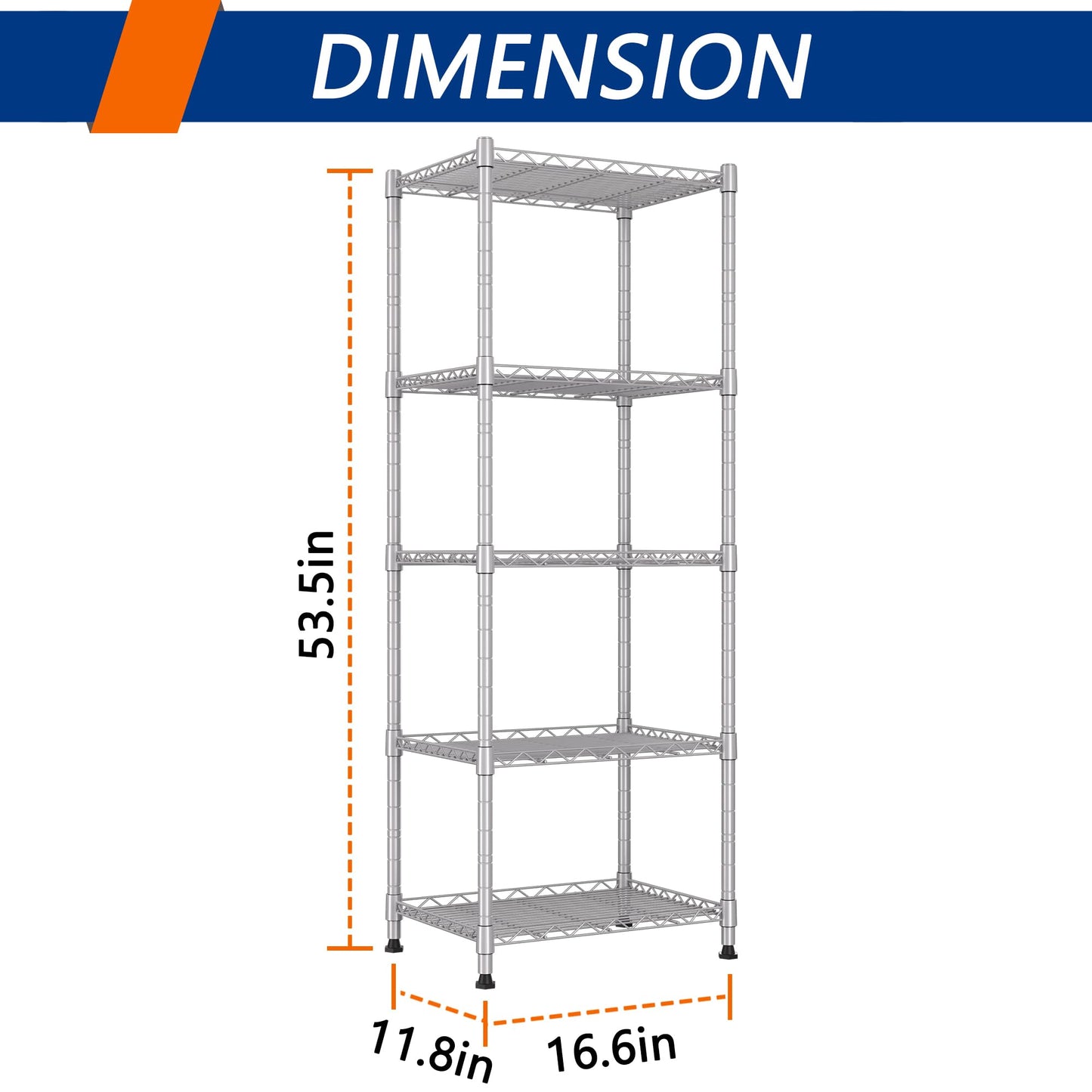 REGILLER 5-Wire Shelving Metal Storage Rack Adjustable Shelves,Standing Storage Shelf Units for Laundry Bathroom Kitchen Pantry Closet(Black,11.8" D x 16.6" W x 53.5" H)