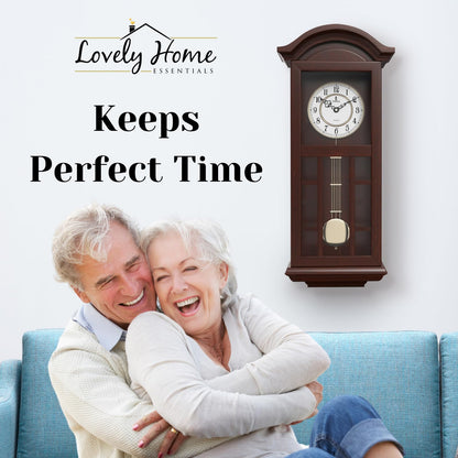 Pendulum Wall Clock - 27 inch Wooden Hanging Grandfather Wall Clock with Pendulum - Real Wood, Quiet, Non-Chiming & Battery Operated for Living Room Decor, Office & Home Décor Gift