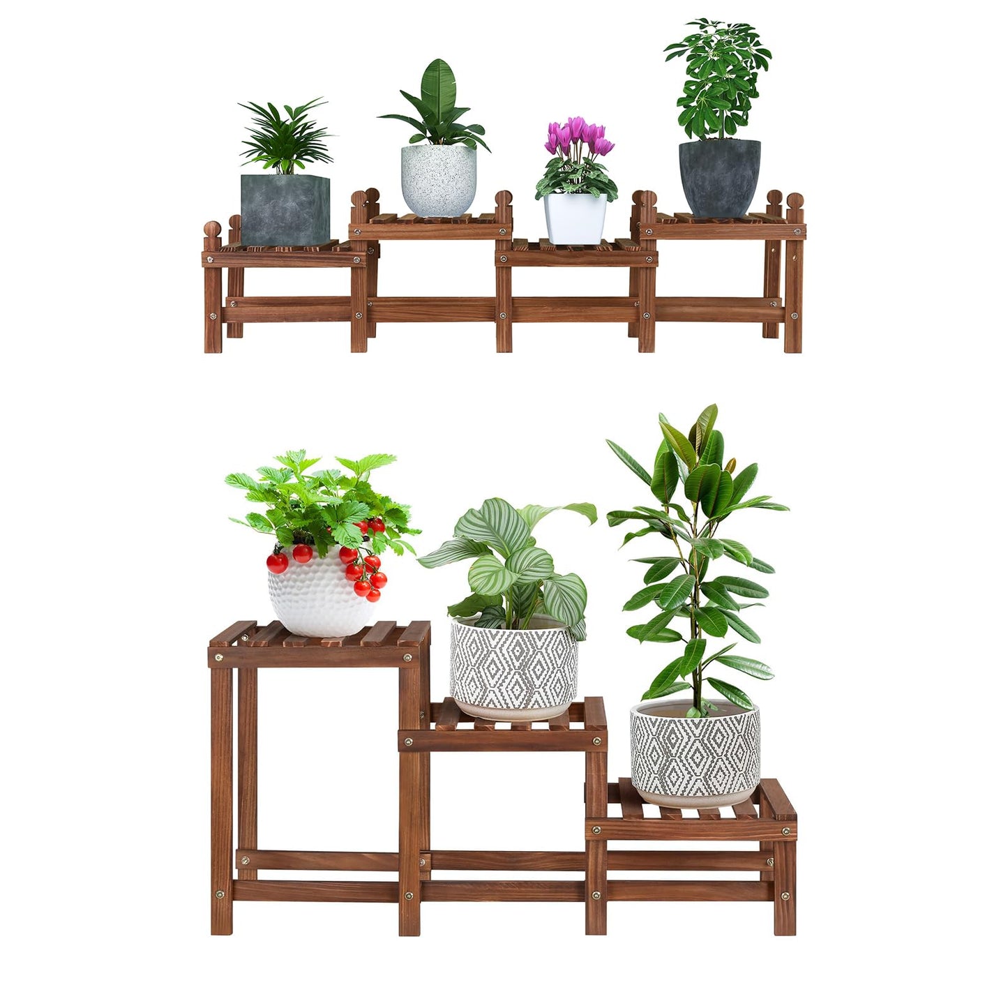 Jotboom Wood 4 Tier Hill Plant Shelf and 3 Tier Ladder Plant Stand
