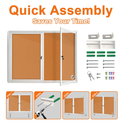 Outdoor Enclosed Cork Bulletin Board 44x32 Inch, Double Door Lockable Wall-Mounted Weatherproof Display Case, Tamperproof Notice Memo Poster Board with Aluminum Frame for Office, School, Community