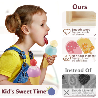 HERSITY Wooden Ice Cream Stand for Kids, Ice Cream Popsicle Toy Pretend Play Food Kitchen Accessories Playset Lolly Shop Games for Toddlers Girls Boys 3 4 5 Years Old
