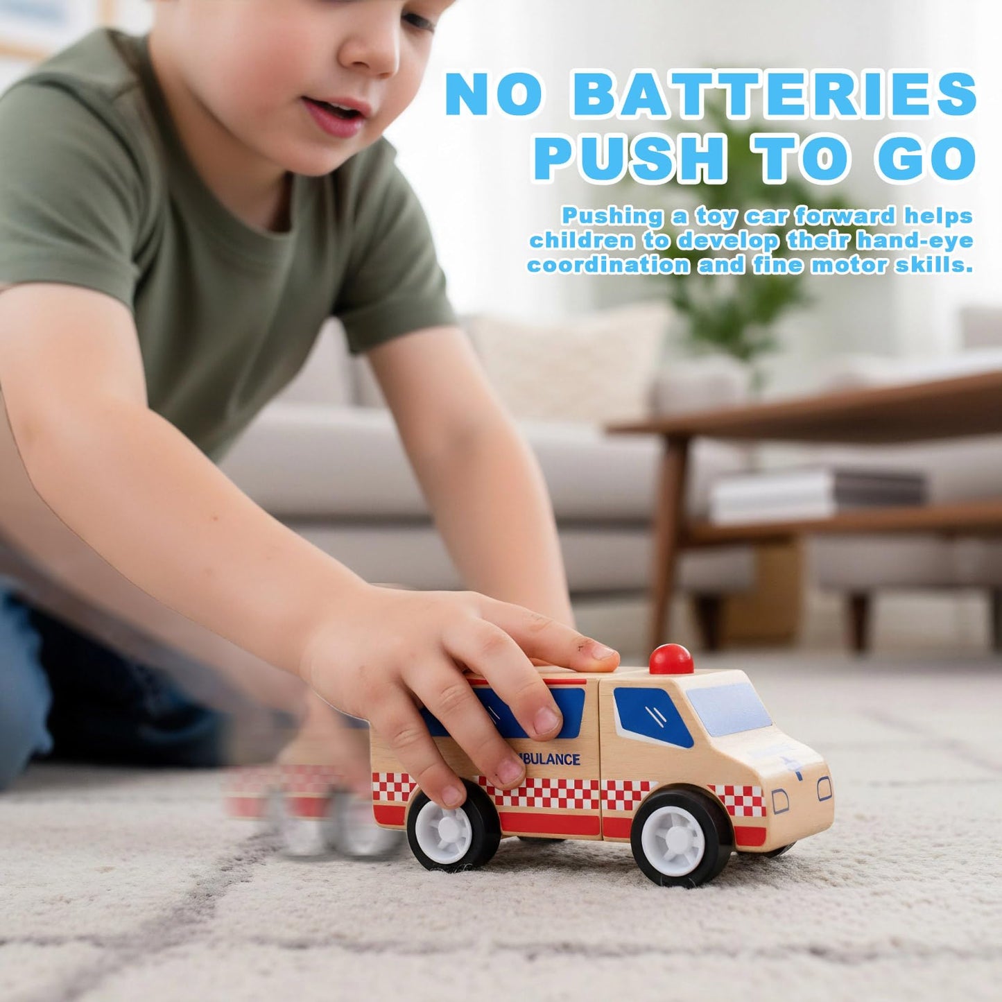 Udeas 5Pcs Premium Wooden Vehicle Toys for Toddlers 1-3 - Police Car, Garbage Truck, Dump Truck, Helicopter & Ambulance | Certified Safe, Montessori Toys, Push and Go Cars for 1+ Year Old Kids