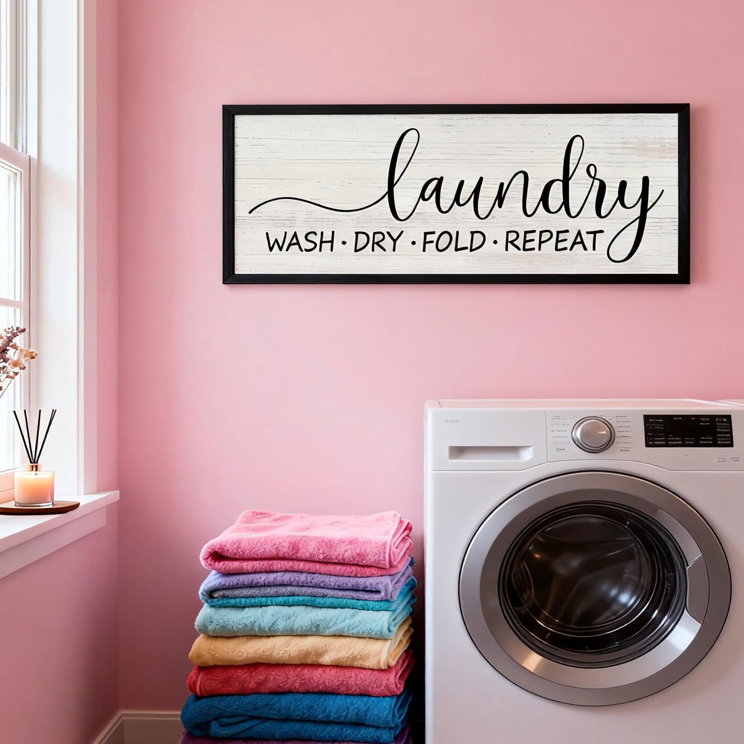 Wash Dry Fold Repeat Wooden Sign Framed Wall Art, Horizontal Motivational Laundry Room Quote Wood Plaque above the Bathtub, 32''×12'' Farmhouse Long Saying Wood Sign Wall Decor for Washing Room