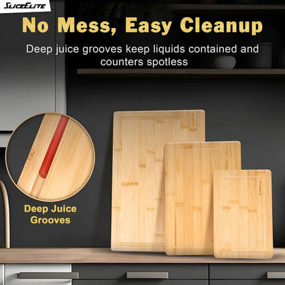 SliceElite Bamboo Cutting Board Set of 3 Wooden Cutting Boards for Kitchen with Juice Grooves Side Handles Bamboo Chopping Boards for Meat Vegetables Fruit Bread Charcuterie Meal Prep Serving Tray Set
