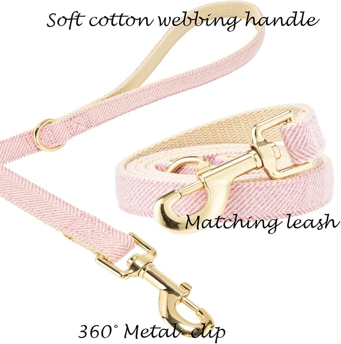 Luxury Soft Cotton Tweed Fabric Dog Collar & Leash Set with Gold Buckle – Durable Fabric, Stylish Design for Everyday Walks(Small Pink)