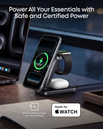 Anker Prime 3-in-1 Charging Station, AirCool Wireless Charger, Qi2 25W Certified Palm-Sized Foldable MagSafe Charger Compatible with iPhone 17, Apple Watch, AirPods (Non-Battery, with Adapter)