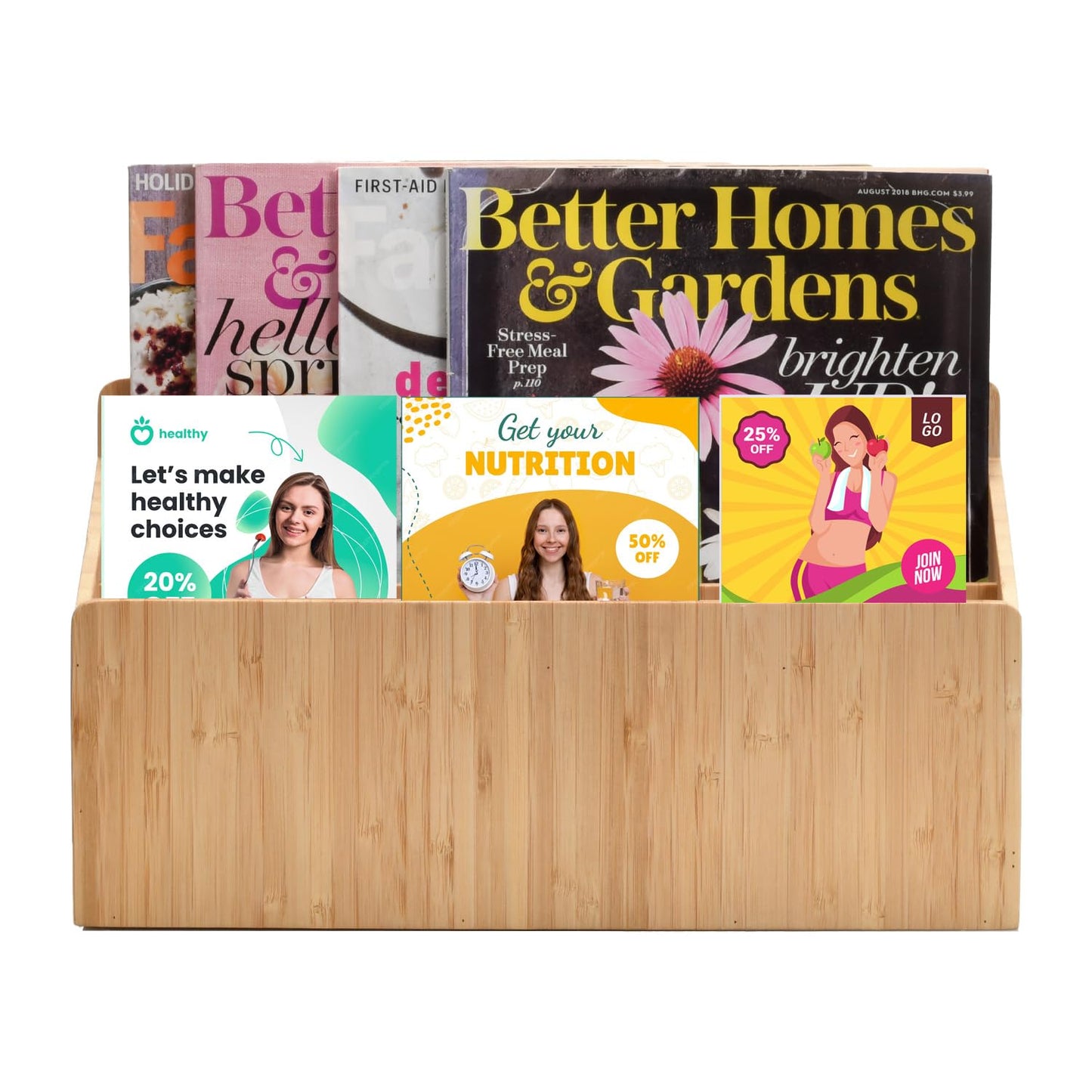 MobileVision Bamboo Magazine Holder / Mail Sorter / File Folder Organizer / Mounted Rack for Home or Office, Includes Mounting Screws