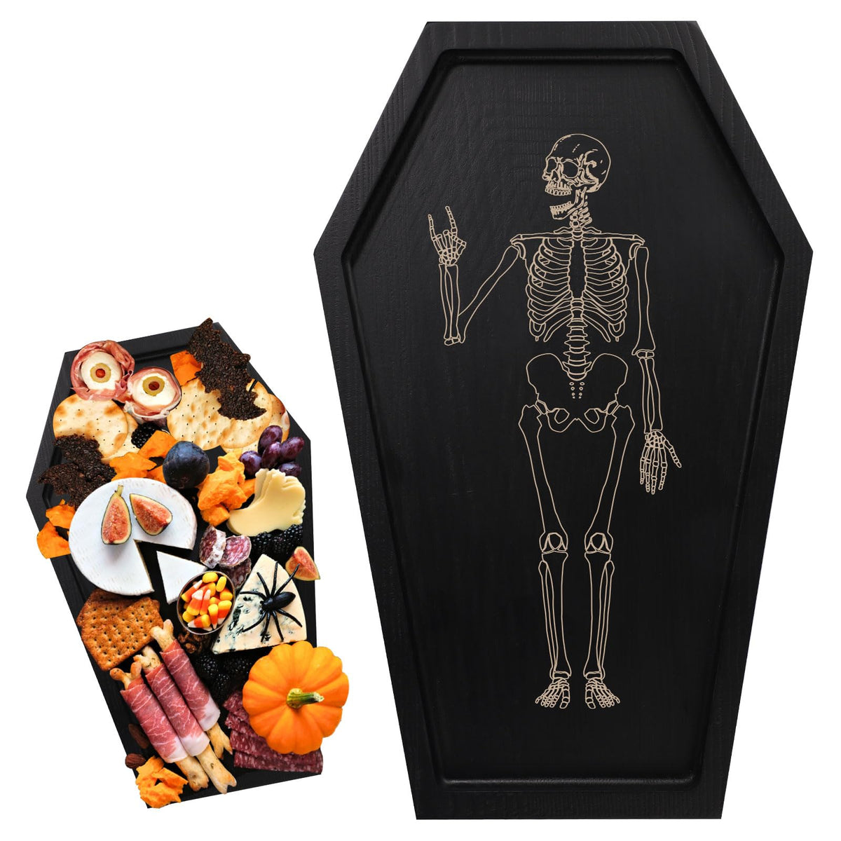 PEUTIER Coffin Tray Skeleton, Coffin Serving Tray Spooky Goth Candle Bowl Wood Coffin Serving Platter Halloween Creepy Decor Tray for Placing Dessert Cheese Party Favor (Pattern 2)