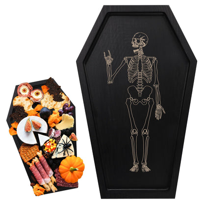 PEUTIER Coffin Tray Skeleton, Coffin Serving Tray Spooky Goth Candle Bowl Wood Coffin Serving Platter Halloween Creepy Decor Tray for Placing Dessert Cheese Party Favor (Pattern 2)