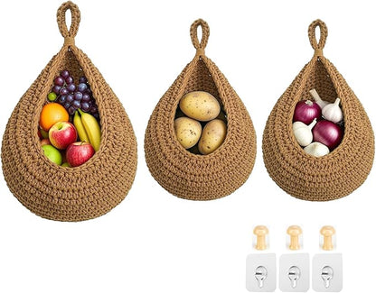 Hanging Fruit Baskets for Kitchen, 3 Pack Boho Cotton Rope Handwoven Vegetable