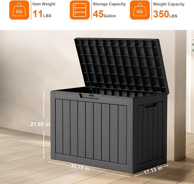 Vixzen 45 Gallon Waterproof Large Deck Box, Lockable Resin Outdoor Storage Box with Hydraulic Lid, Durable Storage Bin for Patio Furniture Cushions, Garden Tools, Pool Accessories, Balck