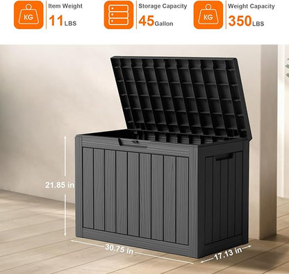 Vixzen 45 Gallon Waterproof Large Deck Box, Lockable Resin Outdoor Storage Box with Hydraulic Lid, Durable Storage Bin for Patio Furniture Cushions, Garden Tools, Pool Accessories, Balck