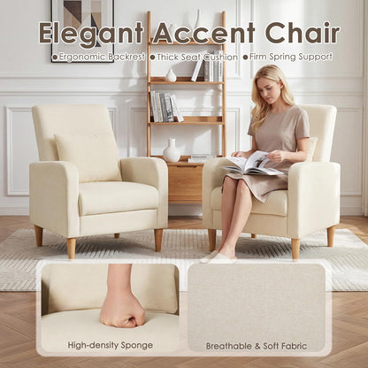 COLAMY Mid-Century Modern Upholstered Accent Chair with Back Pillow & Solid Wood Legs, Fabric Cozy Armchair for Living Room, Bedroom, Reading Nook, Apartment & Small Spaces, Beige