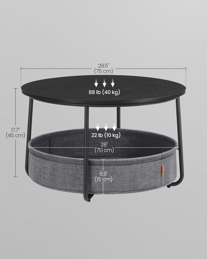 VASAGLE LILEA Collection - Coffee Table with Storage, Round Center Table for Living Room with Fabric Basket, Modern Style, Metal Frame, Ebony Black and Slate Gray ULCT244B56
