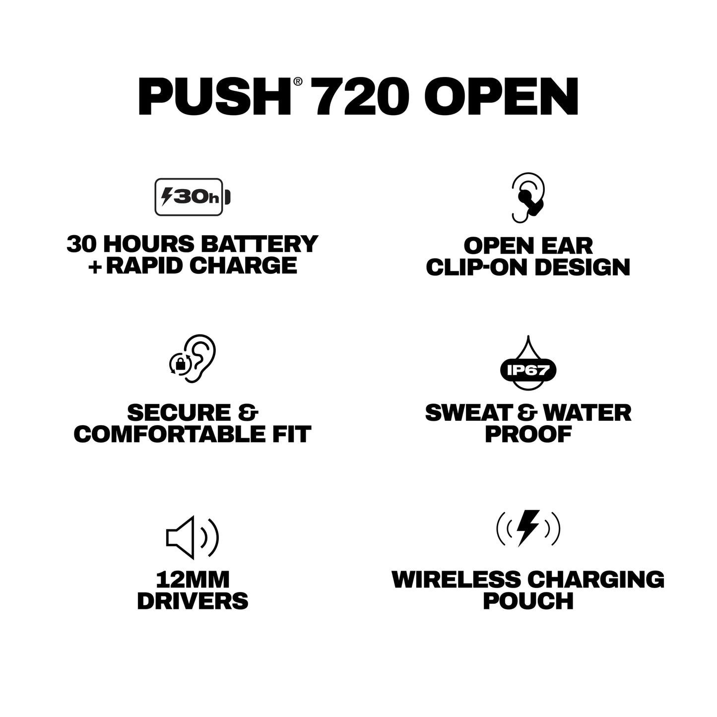 Skullcandy Push 720 Open Wireless Open Ear Bluetooth Earbuds, Headphones, Waterproof, Clip-On Lightweight Design, 30 Hours Battery, Wireless Charging Pouch, Microphone for iPhone Android - True Black