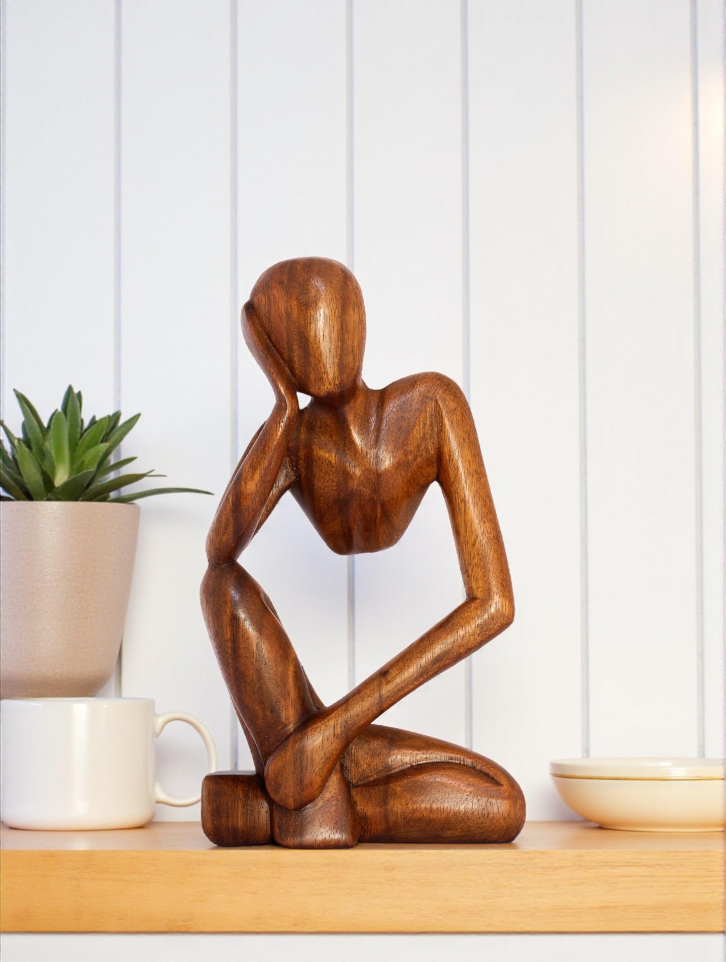 G6 Collection 12" Wooden Abstract Thinker Statue, Hand Carved Thinking Man Figurine, Modern Minimalist Sculpture, Handmade Home Decor Accent Gift (Brown)