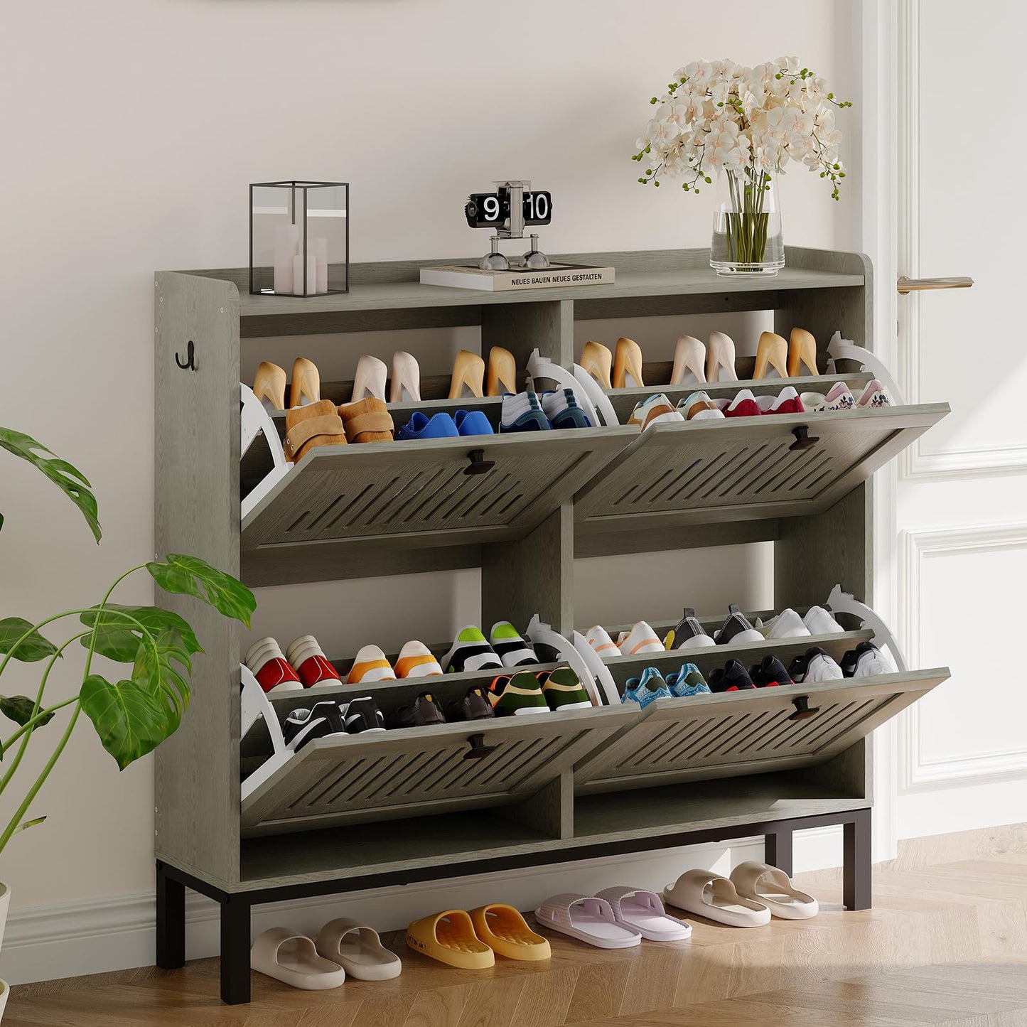 IDEALHOUSE Shoe Cabinet with 4 Flip-Drawers, Wooden Entryway Storage Organizer with Adjustable Shelf, Hidden Shoe Rack for Hallway & Living Room, Grey