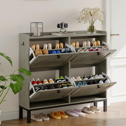 IDEALHOUSE Shoe Cabinet with 4 Flip-Drawers, Wooden Entryway Storage Organizer with Adjustable Shelf, Hidden Shoe Rack for Hallway & Living Room, Grey