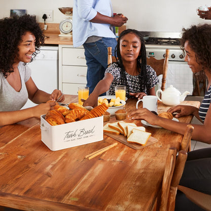 Talented Kitchen Countertop Bread Box - White Metal, Airtight Storage Container with Wood Cutting Board Lid & Side Handles - Wood Tongs Included - Bread Storage Container for Kitchen Organization