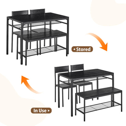 VECELO Kitchen Dining Room Table with 2 Chairs & Bench, Compact Space-Saving Design, Easy Assembly Steel Frame, Perfect for Small Apartments & Breakfast Nooks，Industrial